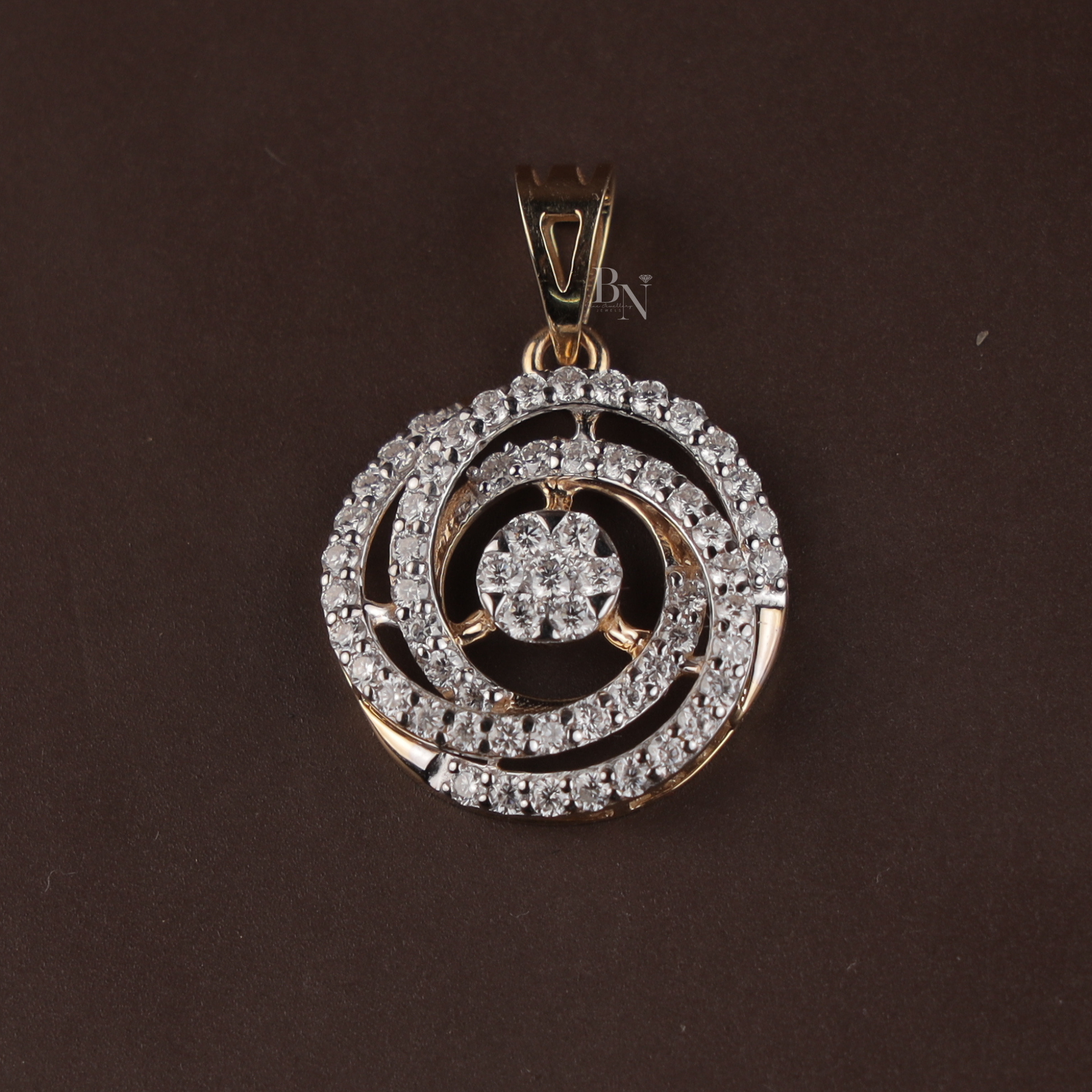 1ct Round Lab Grown Diamond Pendant | Two Tone Gold Spiral Cluster Circle Necklace 14K Gold