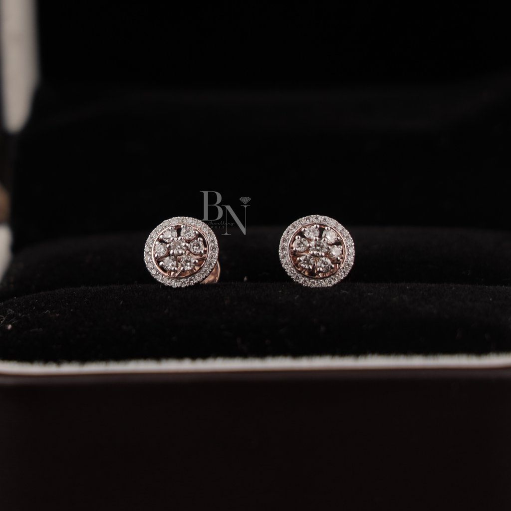 0.45 carat total weight round brilliant lab grown diamond halo stud earrings in 14k rose gold showing a floral cluster design with a sparkling micro-pave diamond halo and secure screw-back posts for fine jewelry gifting.