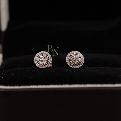 0.45 carat total weight round brilliant lab grown diamond halo stud earrings in 14k rose gold showing a floral cluster design with a sparkling micro-pave diamond halo and secure screw-back posts for fine jewelry gifting.
