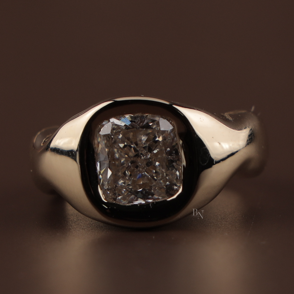 3ct Elongated Cushion Lab Grown Diamond Engagement Ring | 14K Yellow Gold Sculptural Bezel | Organic Wave Solitaire | IGI Certified |