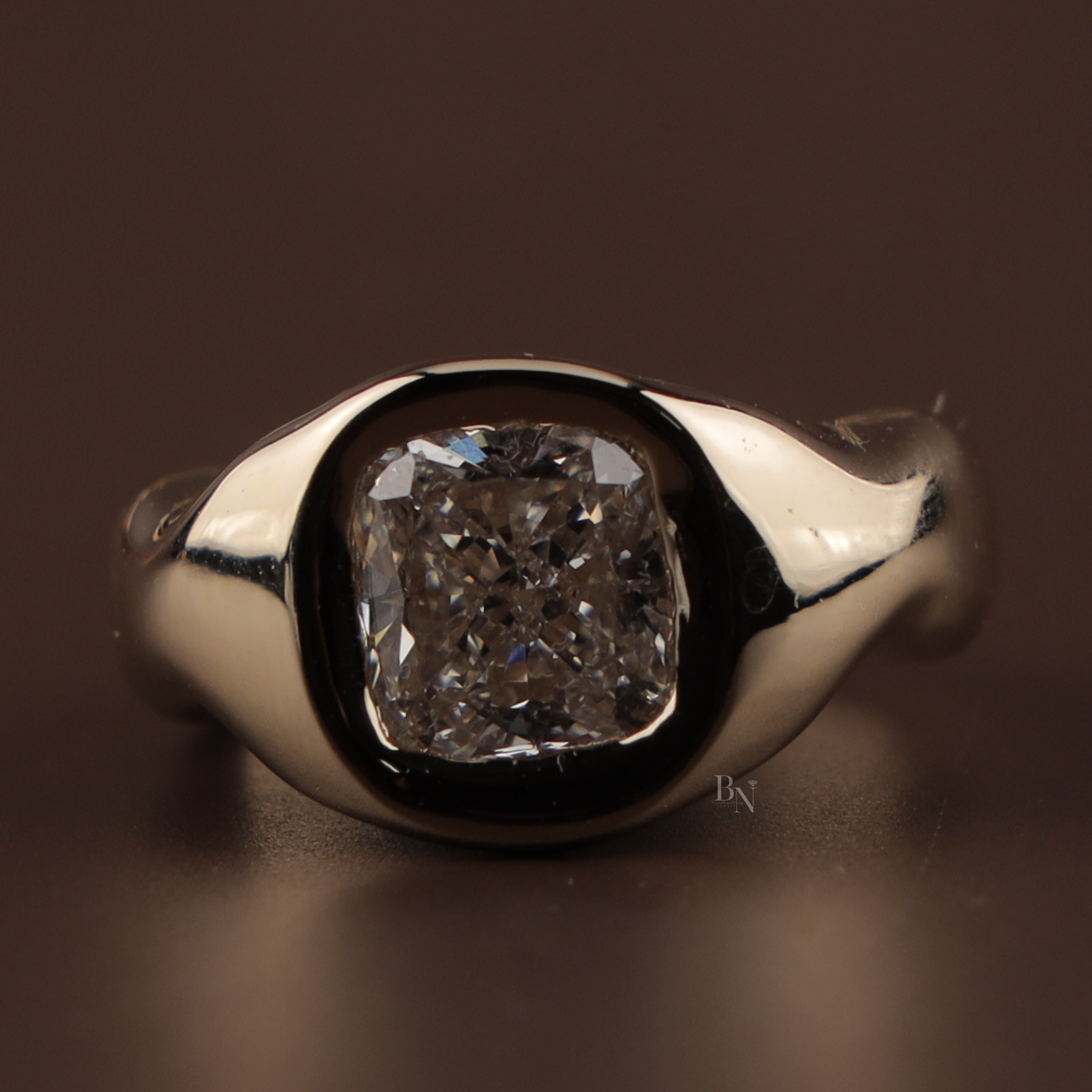 3ct Elongated Cushion Lab Grown Diamond Engagement Ring | Sculptural Bezel Organic Wave 14K Yellow Gold