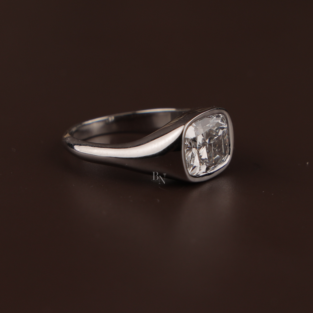 3.00 CT Cushion Lab Grown Diamond Engagement Ring | Modern Bezel Set Ring | 14K White Gold Pave Band | IGI Certified | Bold Statement Ring
