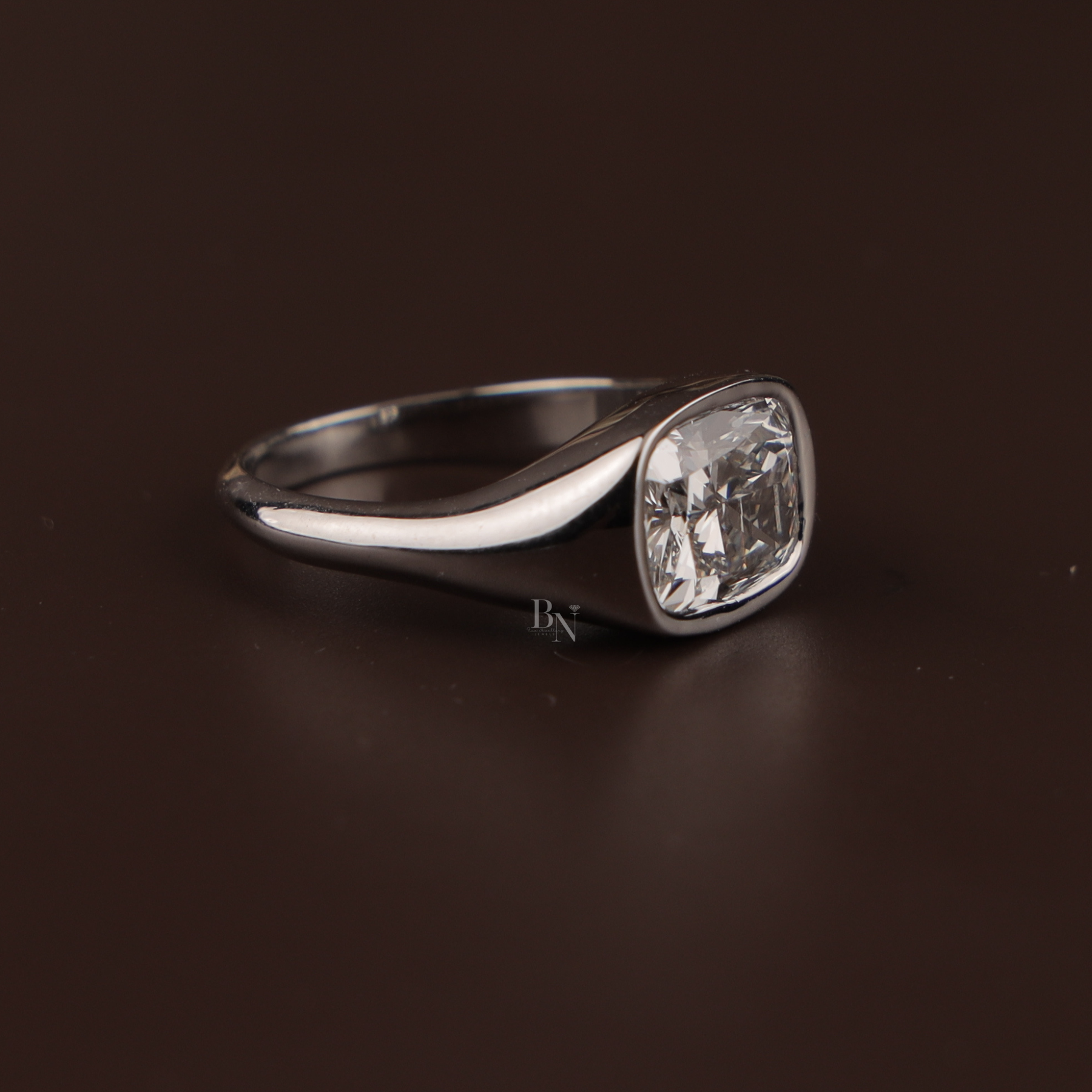 3ct Cushion Lab Grown Diamond Engagement Ring | Modern Bezel Set Pavé Band 14K White Gold