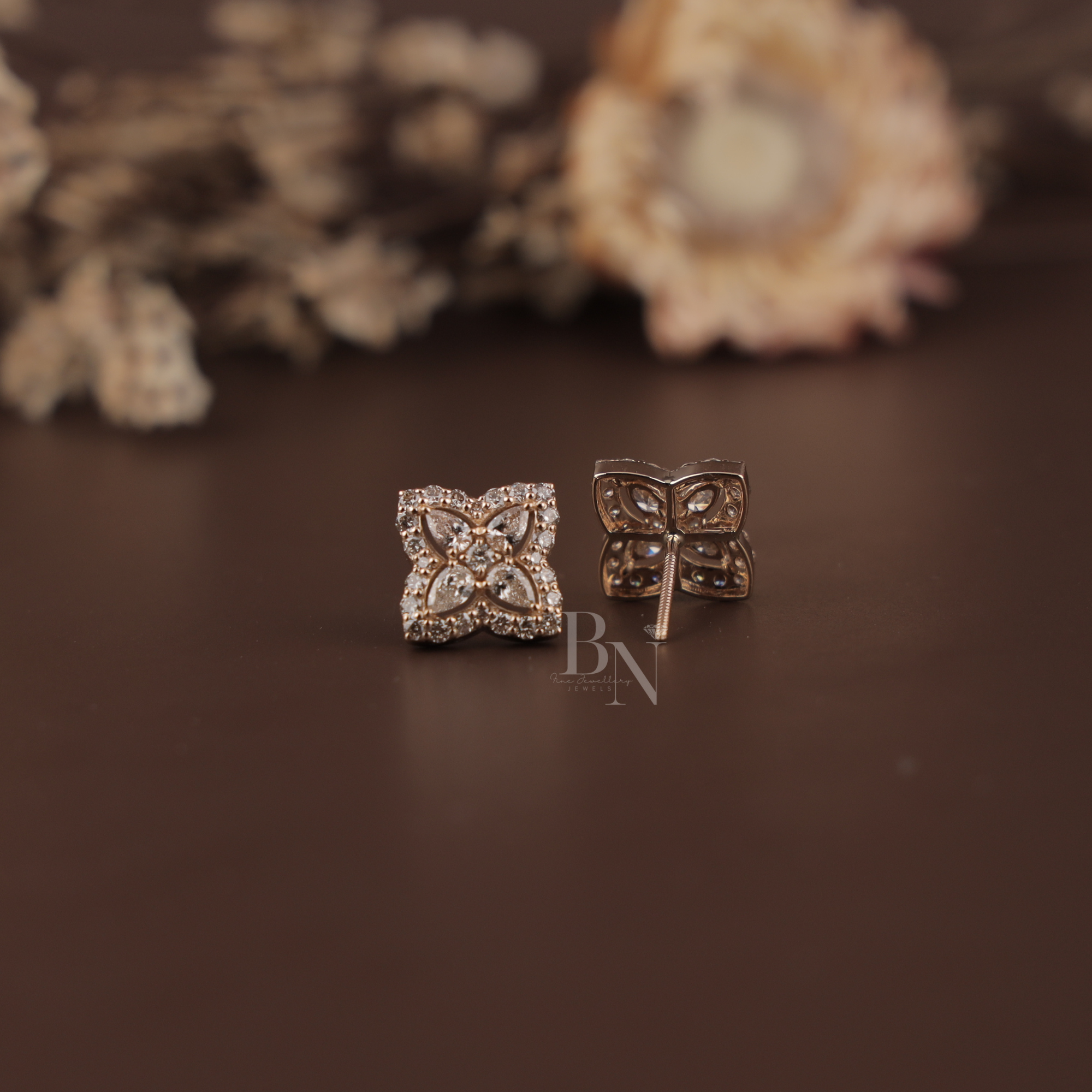 1.75 CTW Flower Lab Grown Diamond Stud Earrings | Pear & Round Cluster Halo Studs | 14K Rose Gold Sparkle Earrings | Unique Wedding Gift | Handmade