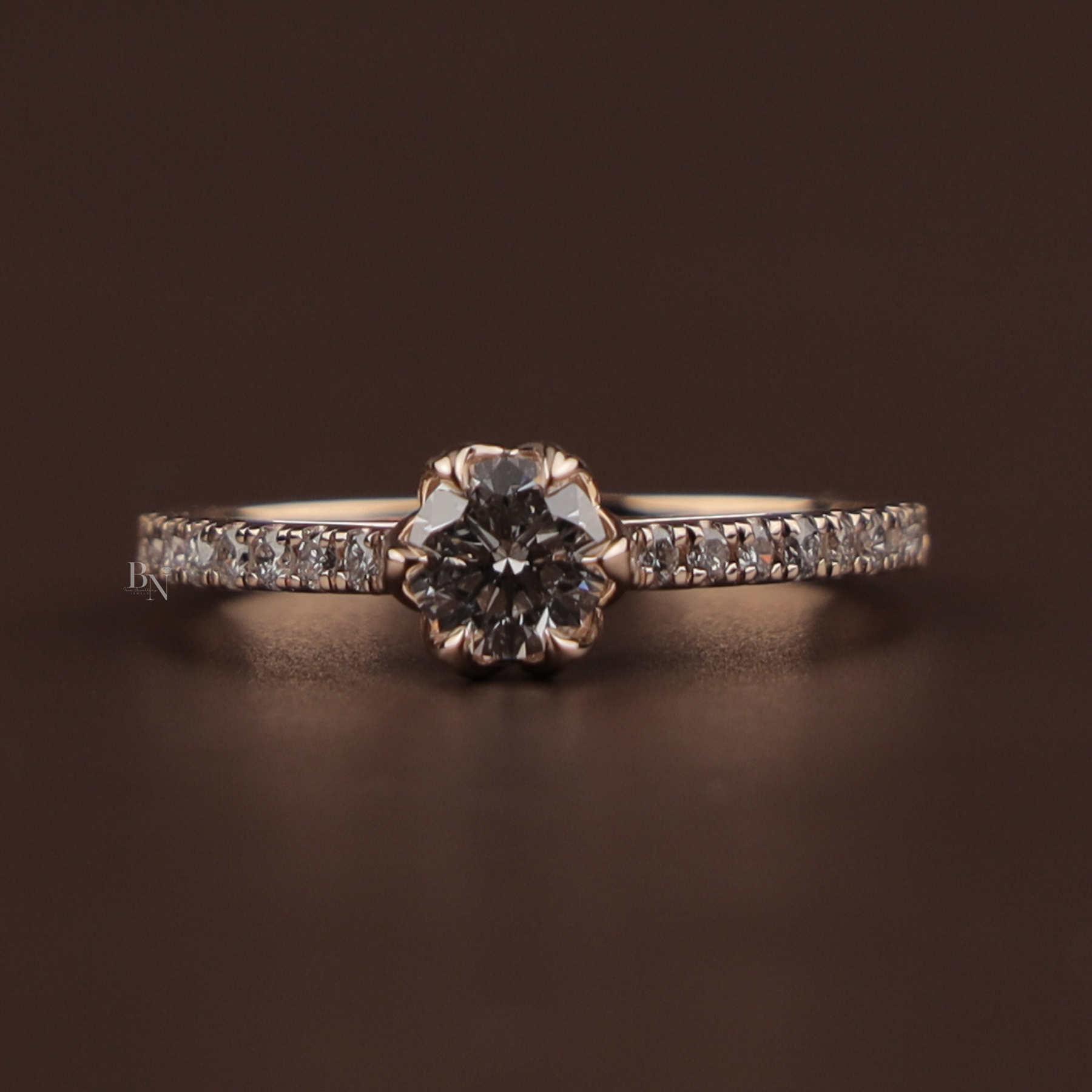 1ct Round Lab Grown Diamond Engagement Ring | Floral Petal Pavé Dainty Bridal 14K Rose Gold