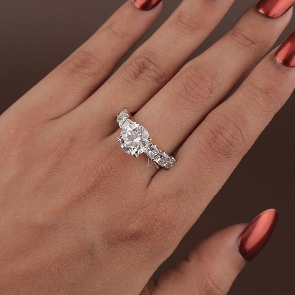 3ct Round Lab Grown Diamond Engagement Ring | NSEW Compass Prong | 14K Gold Princess Cut Accents | IGI Certified Type IIa Bridal Jewelry