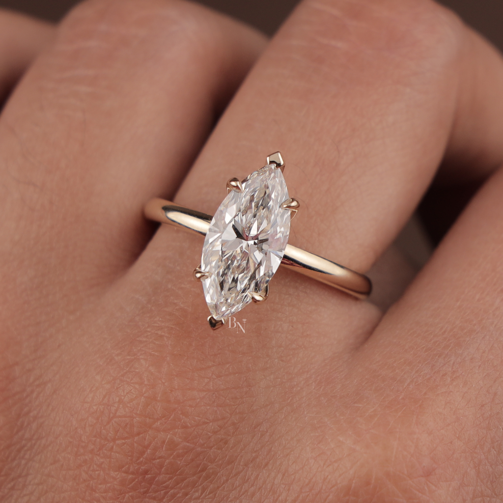 2 Carat Marquise Lab Diamond Bridal Set | Modern Wedding Set with Matte Gold Flush Set Band | Yellow Gold | IGI Certified Lab Diamond