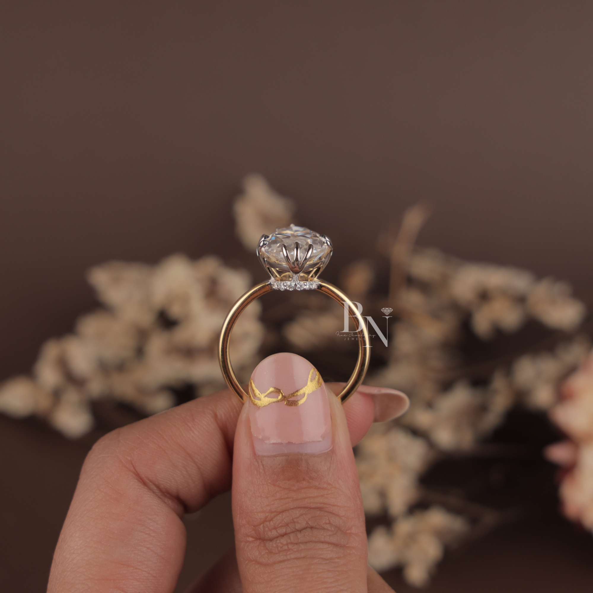 3ct Old Mine Moval Lab Diamond Engagement Ring | Elongated Antique Movall Cut | 14K Two Tone Gold Hidden Halo | Claw Prong Bridal Ring | IGI