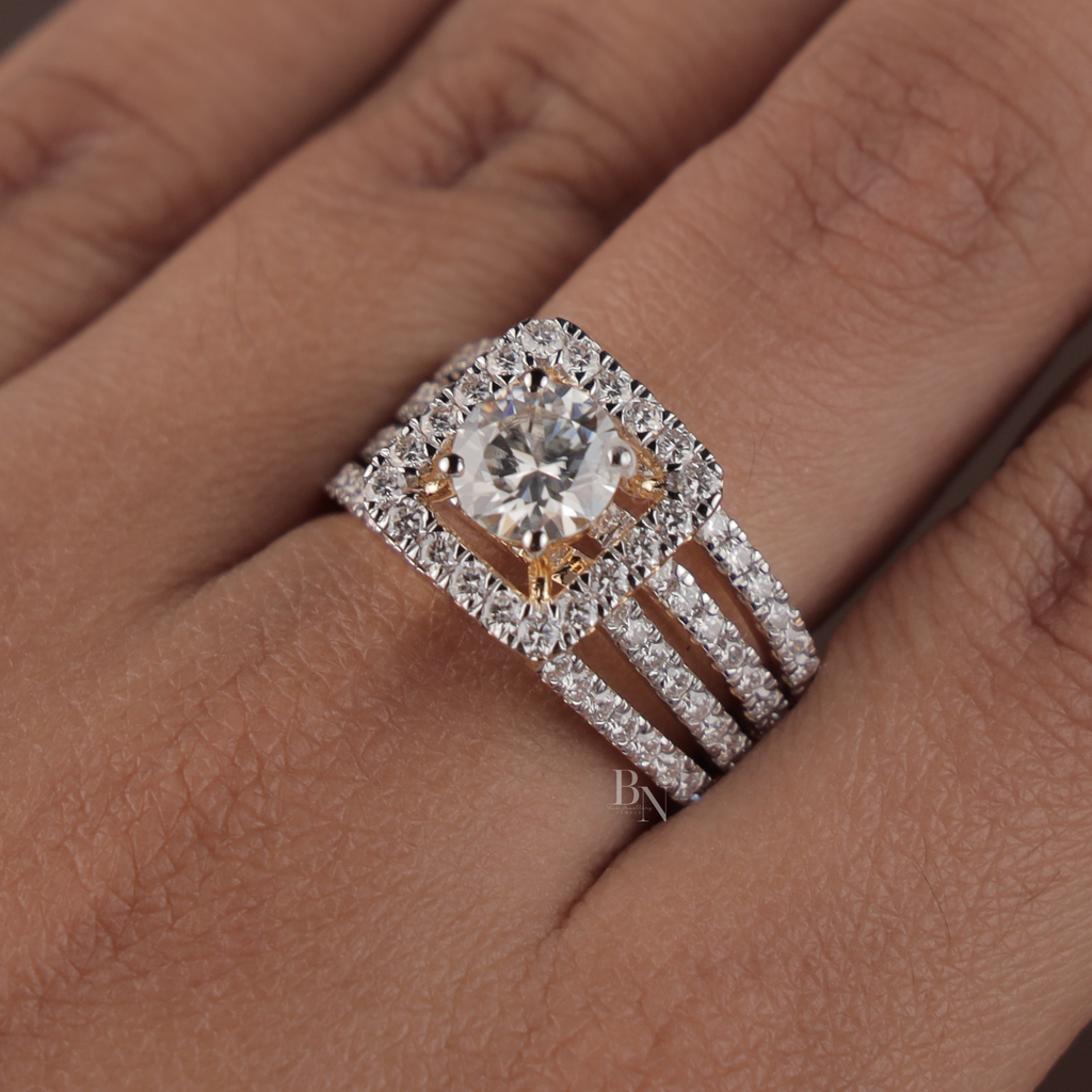 1ct Round Lab Grown Diamond Engagement Ring | 14K Yellow Gold Square Halo | Triple Pave Band | IGI Certified Round Brilliant Promise Ring