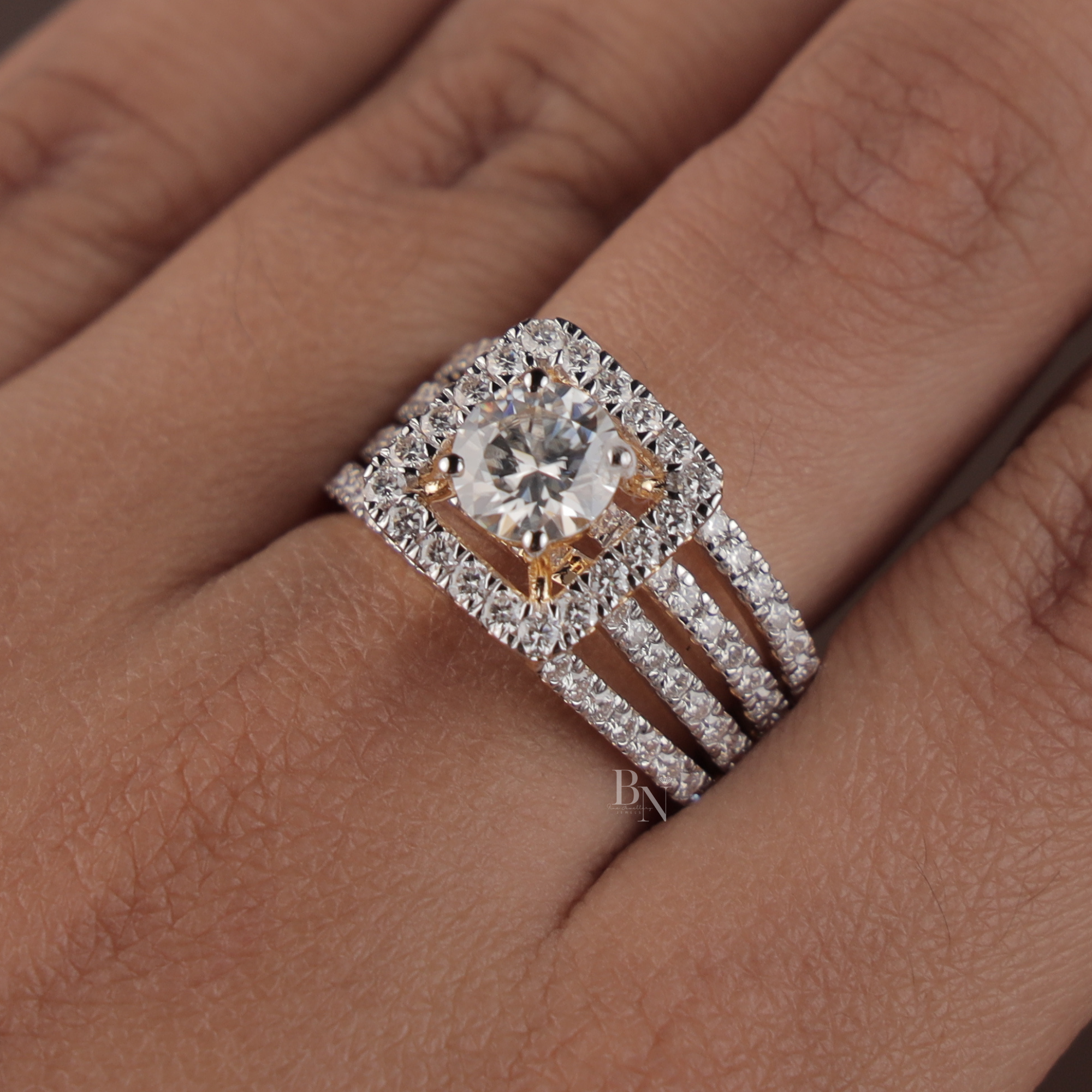 1ct Round Lab Grown Diamond Engagement Ring | 14K Yellow Gold Square Halo | Triple Pave Band | IGI Certified Round Brilliant Promise Ring