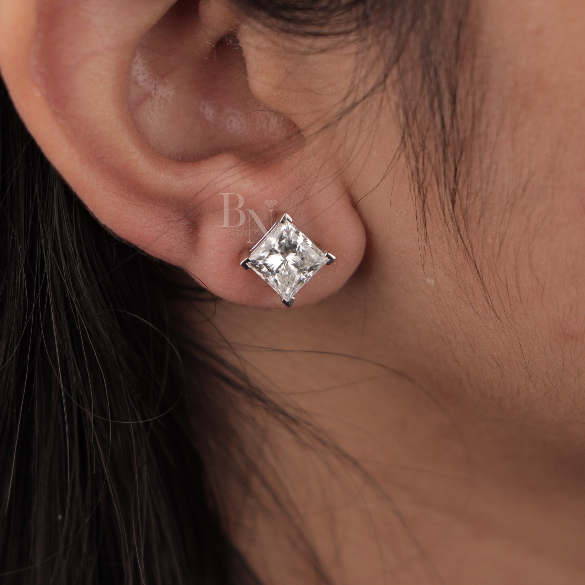 4ct Princess Cut Lab Grown Diamond Stud Earrings | IGI Certified 2ct Each | 14K White Gold 4 Prong Basket | Type IIa Solitaire Studs | Gift