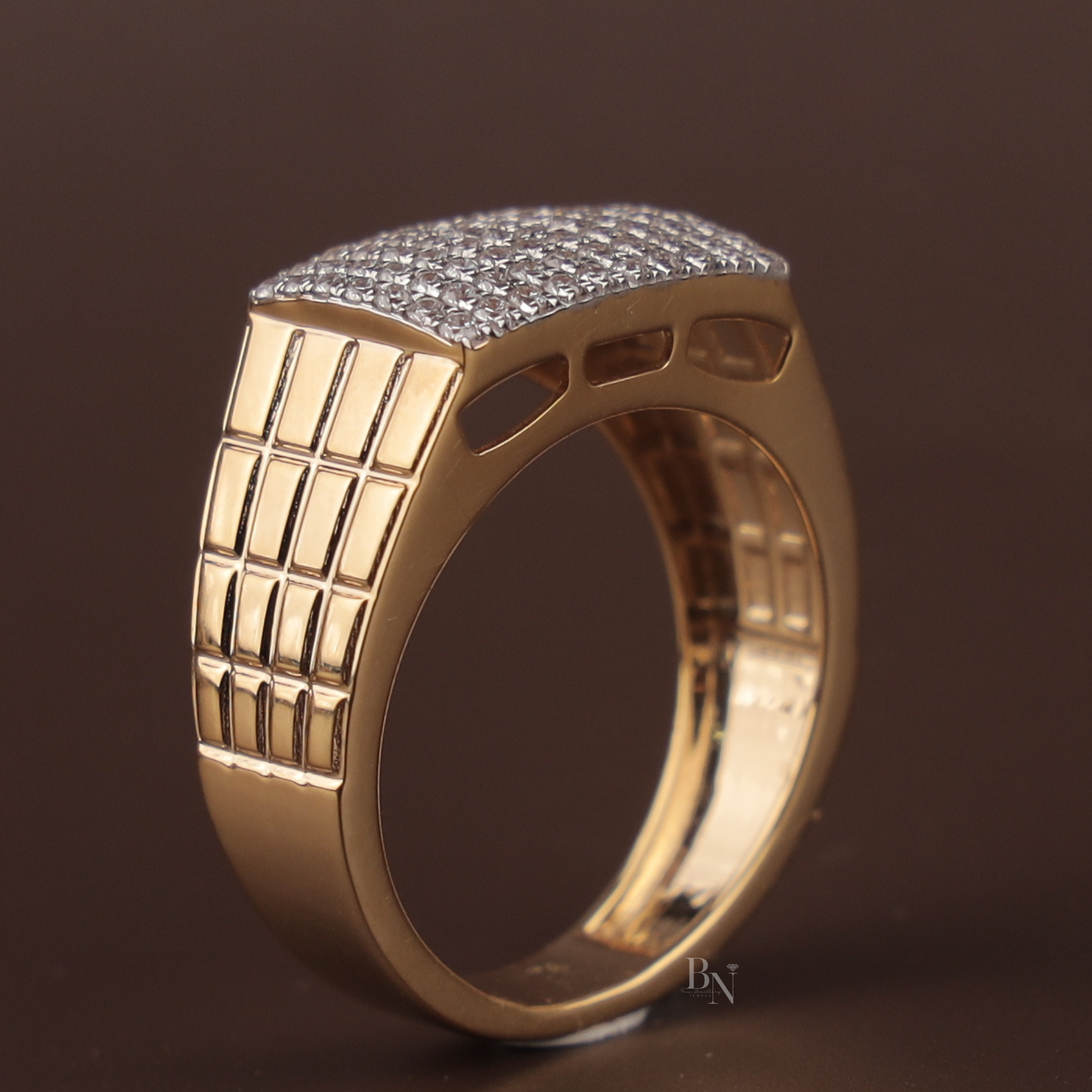 1ct Men's Lab Grown Diamond Signet Ring | Pavé Brick Grid Band 14K Yellow Gold