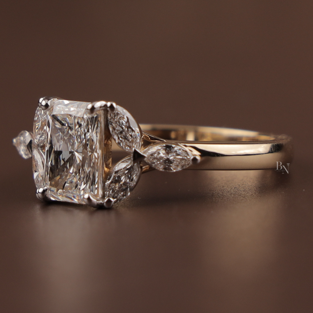 Radiant Cut Engagement Ring | 14k Gold Leaf Marquise Accents Three Stone Proposal Ring