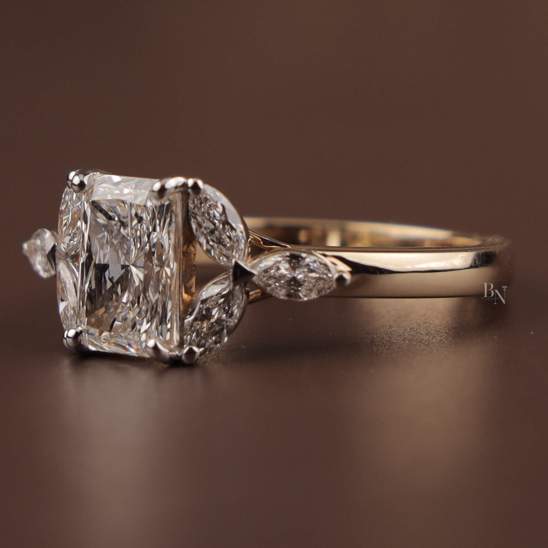 Radiant Cut Lab Grown Diamond Engagement Ring | Leaf Marquise Accents Three Stone 14K Gold