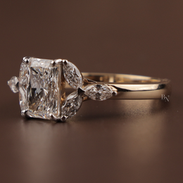 Radiant Cut Lab Grown Diamond Engagement Ring | Leaf Marquise Accents Three Stone 14K Gold