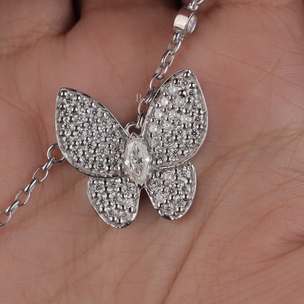1.00 CTW Marquise Lab Grown Diamond Butterfly Necklace | 14K White Gold Animal Pendant | Dainty Pave Diamond Wings | Gift for Her(Only Pendant)