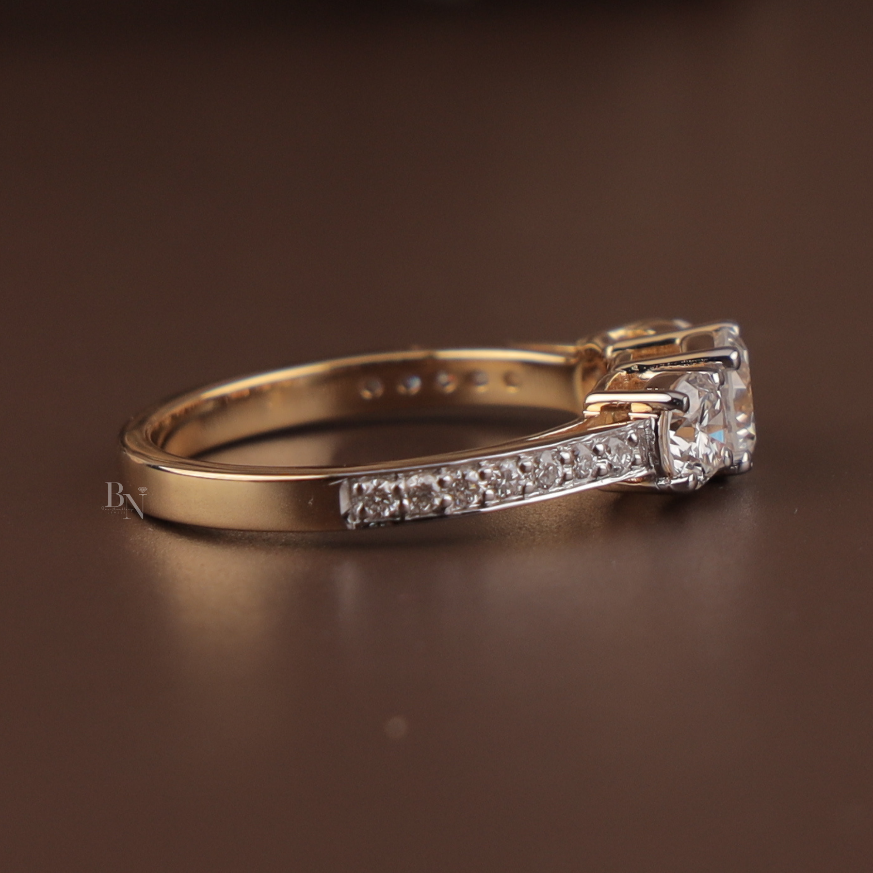 1.25ctw Round Lab Grown Diamond Three Stone Engagement Ring | Pavé Trilogy Band 14K Yellow Gold