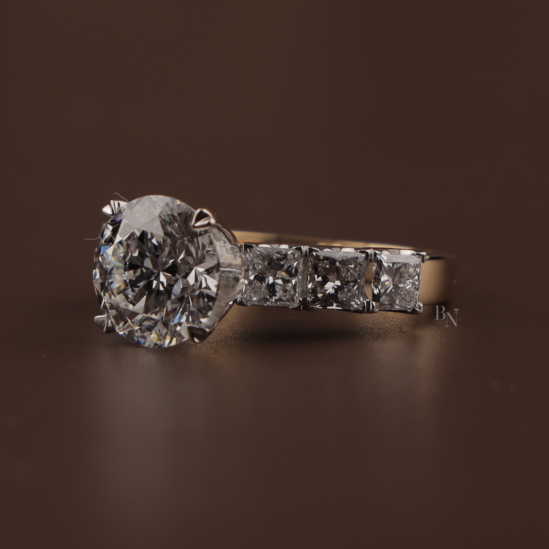 3ct Round Lab Grown Diamond Engagement Ring | NSEW Compass Prong Princess Cut Accents 14K Gold