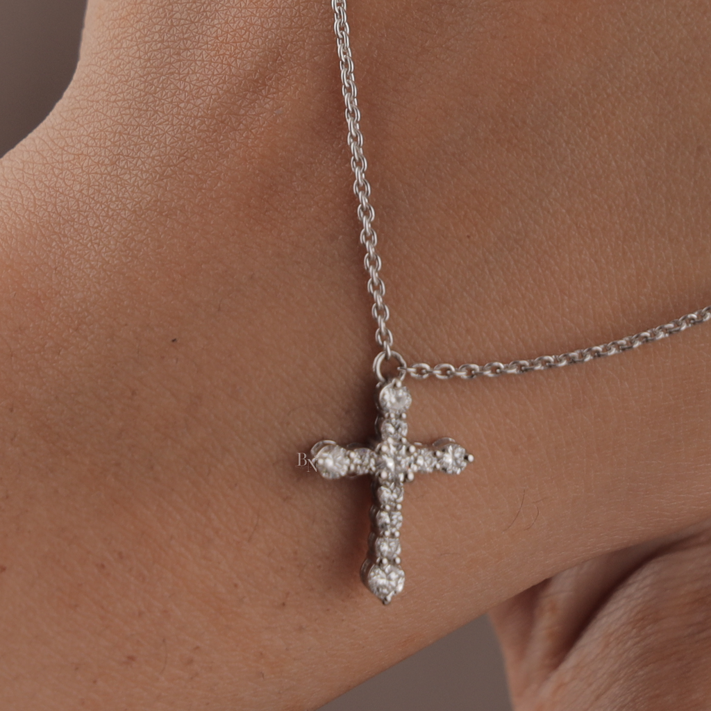 2ctw Round Lab Grown Diamond Cross Necklace | 14K Yellow Gold Double Cross Pendant | Religious Fine Jewellery |  Anniversary Gift