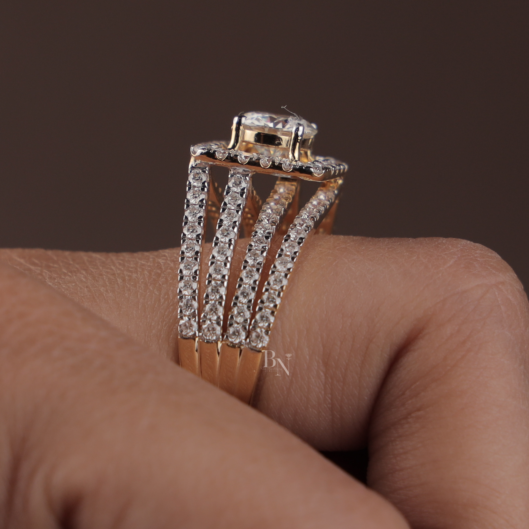 1ct Round Lab Grown Diamond Engagement Ring | Square Halo Triple Pavé Band 14K Yellow Gold