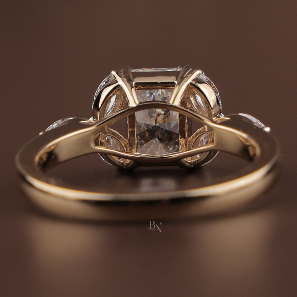 Radiant Cut Engagement Ring | 14k Gold Leaf Marquise Accents Three Stone Proposal Ring