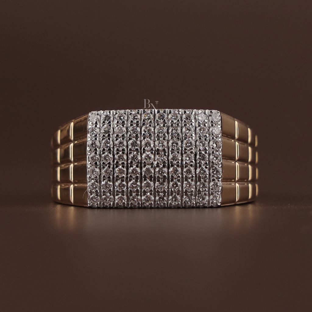 Men's 1.00 carat total weight lab grown diamond signet ring featuring a flat rectangular top with multi-row pave diamonds in 14k yellow gold and unique grid-patterned brick textured shoulders for a bold masculine look.