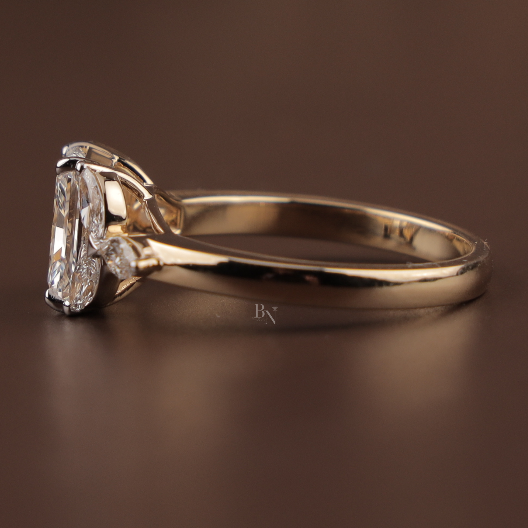 Radiant Cut Lab Grown Diamond Engagement Ring | Leaf Marquise Accents Three Stone 14K Gold