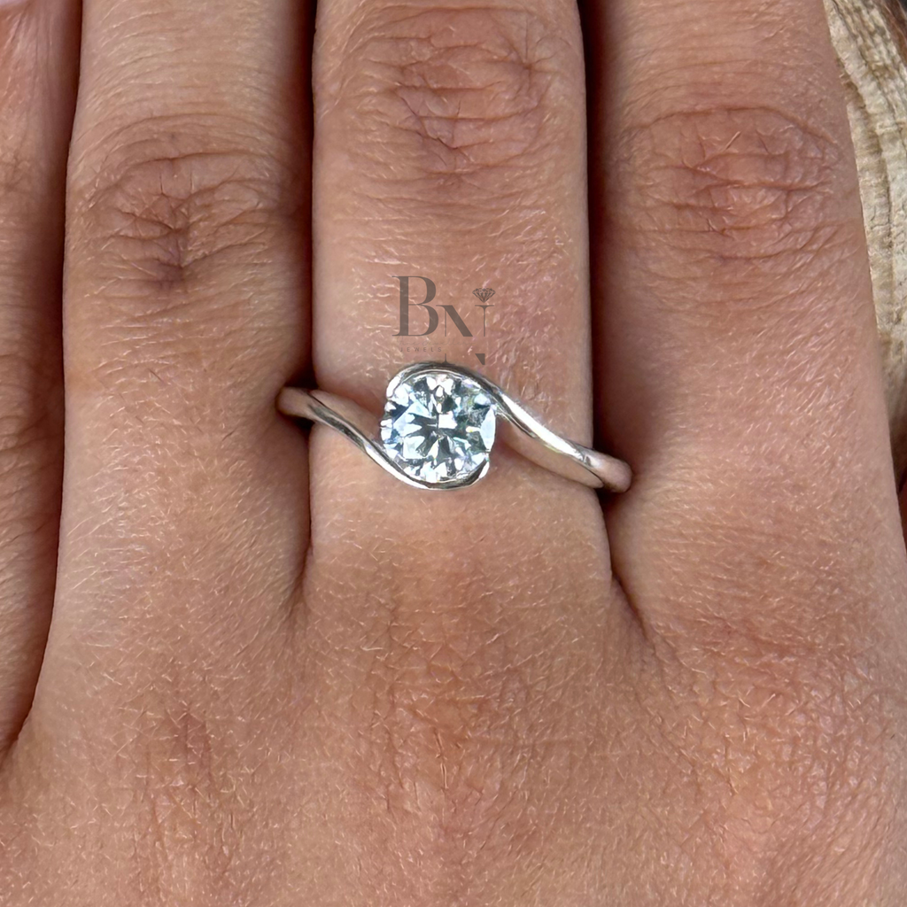 1.00ct Round Lab Grown Diamond Engagement Ring | Bypass Bezel Set Swirl Ring | 14K White Gold Tension Solitaire | IGI Certified Bridal Ring