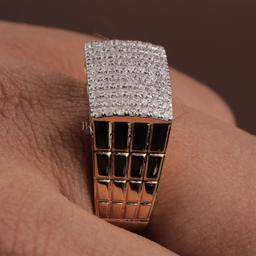 1.00ctw Men's Lab Grown Diamond Signet Ring | 14K Yellow Gold Grid Band | Pave Brick Statement Ring | IGI Certified | Bold Masculine Jewelry