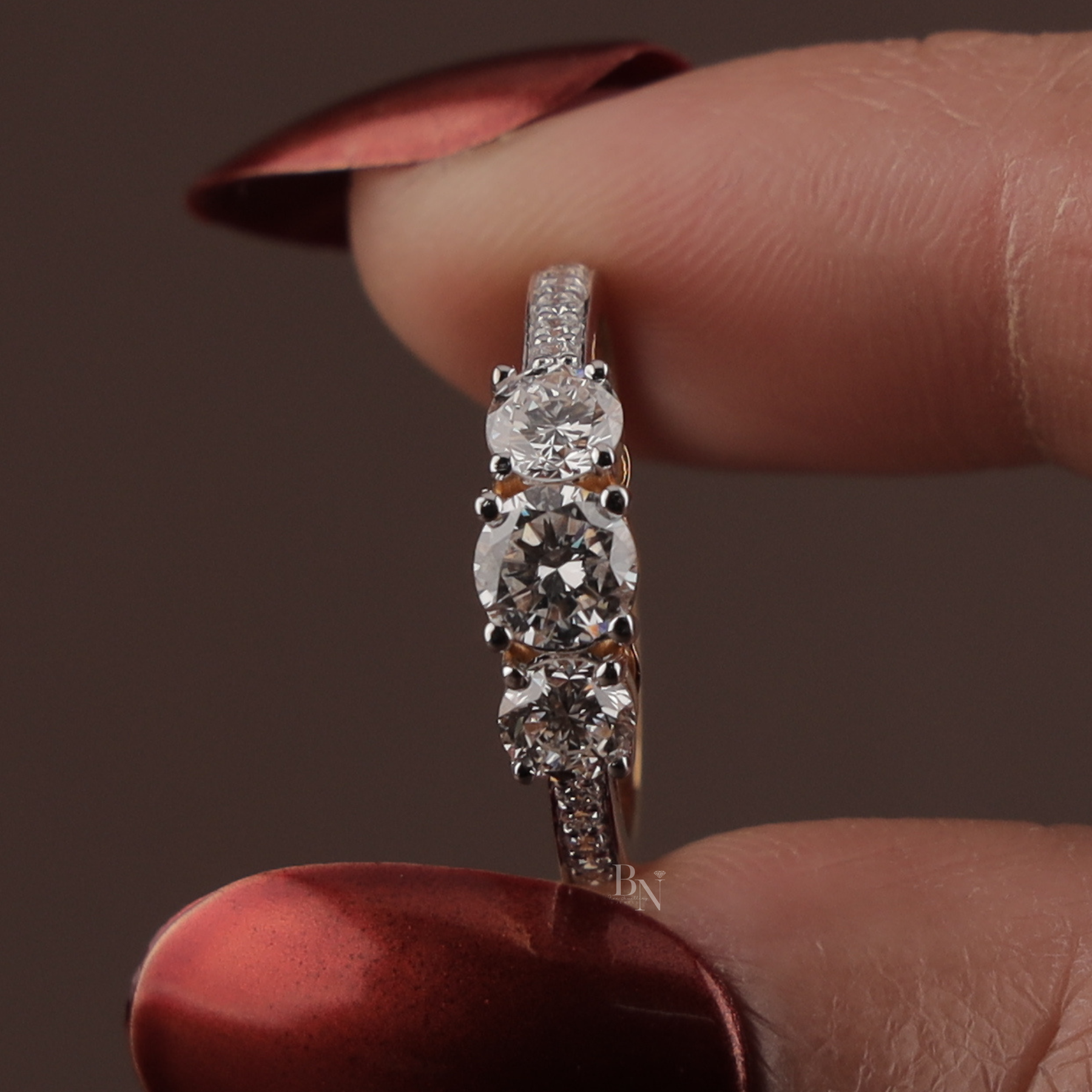 1.25ctw Round Lab Grown Diamond Three Stone Engagement Ring | Pavé Trilogy Band 14K Yellow Gold