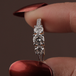 1.25ctw Round Lab Grown Diamond Three Stone Engagement Ring | Pavé Trilogy Band 14K Yellow Gold