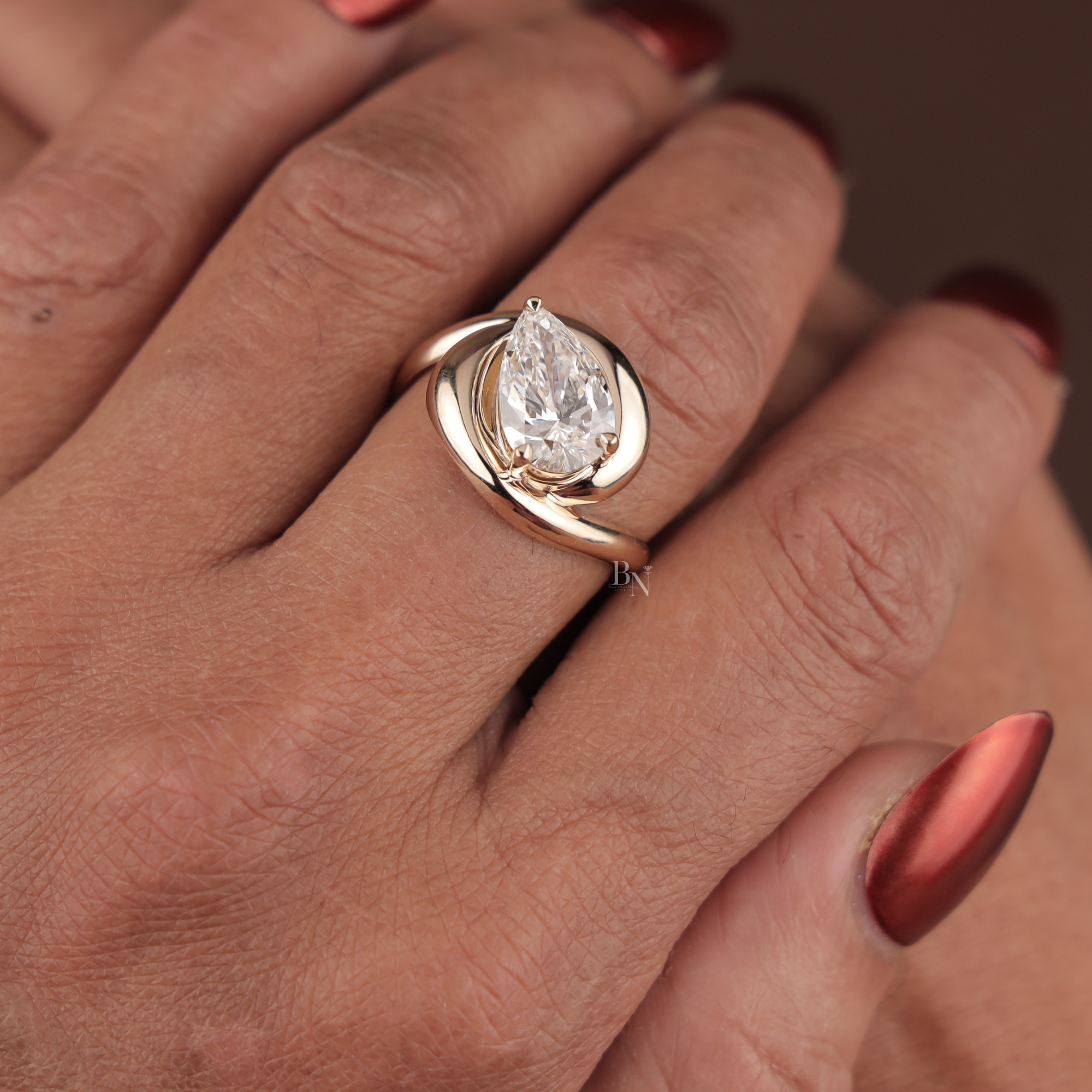 3ct Pear Cut Lab Grown Diamond Engagement Ring | Solid 14k Gold Unique Swirl Bypass Setting | Modern Teardrop Solitaire | Bridal Jewelry