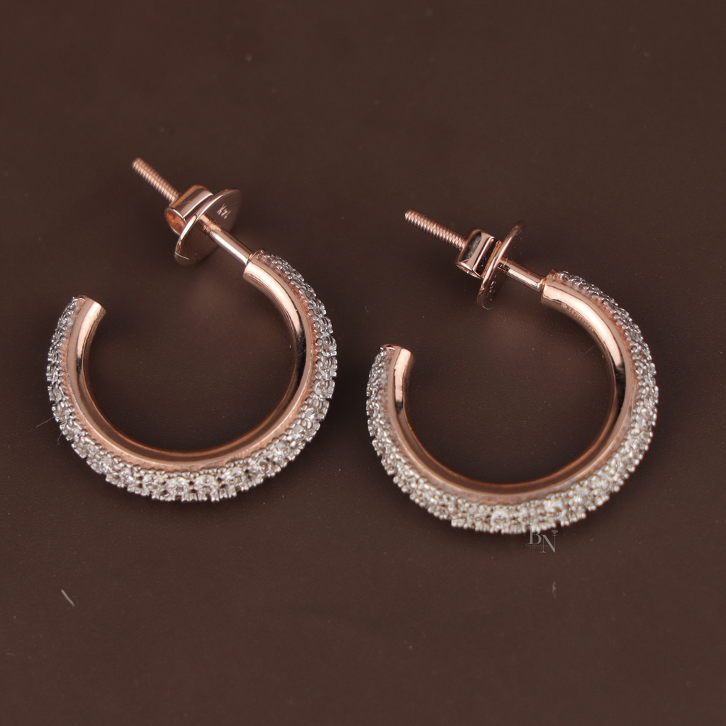 Diamond Hoop Earrings | 14K Rose Gold Pave C-Hoops | Secure Screw Back Diamond Studs | Micro Pave Bridal Jewelry | Anniversary Gift