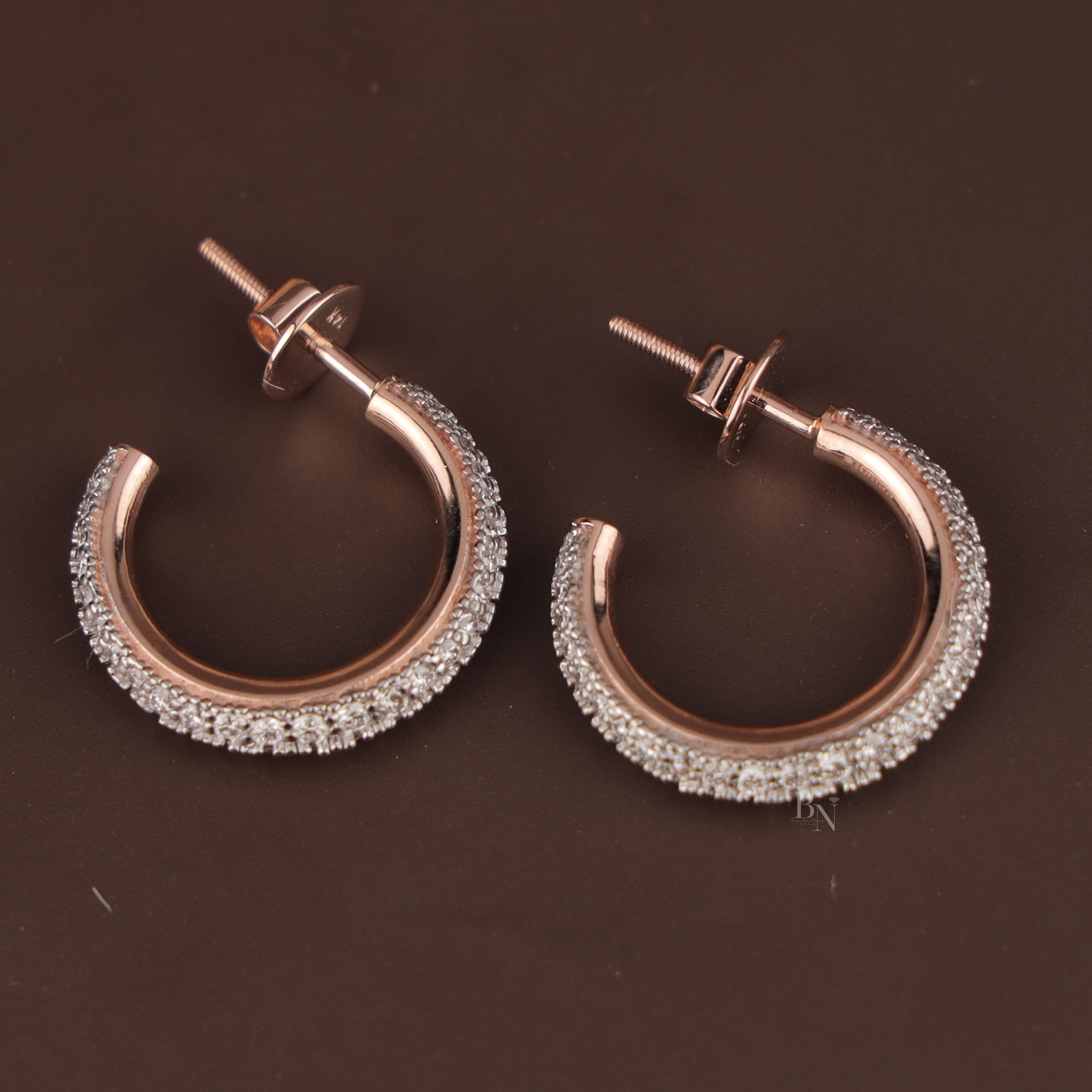 Diamond Hoop Earrings | 14K Rose Gold Pave C-Hoops | Secure Screw Back Diamond Studs | Micro Pave Bridal Jewelry | Anniversary Gift