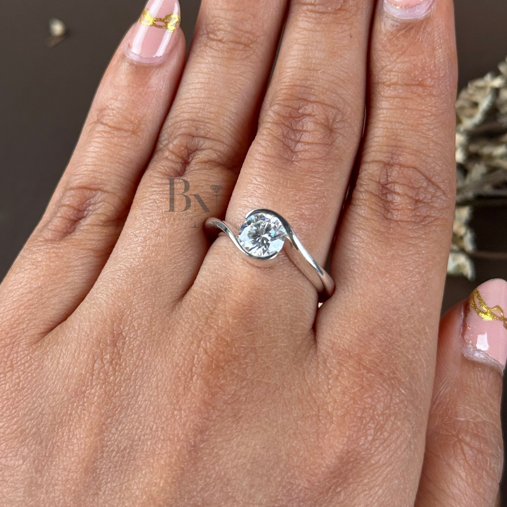 1.00ct Round Lab Grown Diamond Engagement Ring | Bypass Bezel Set Swirl Ring | 14K White Gold Tension Solitaire | IGI Certified Bridal Ring