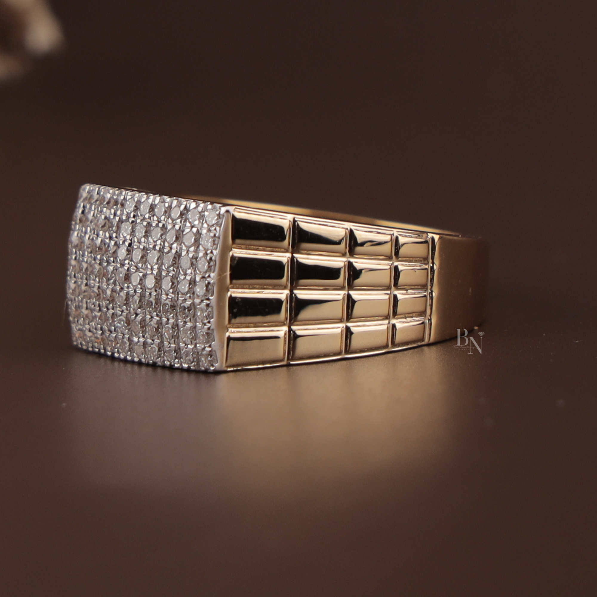 1.00ctw Men's Lab Grown Diamond Signet Ring | 14K Yellow Gold Grid Band | Pave Brick Statement Ring | IGI Certified | Bold Masculine Jewelry