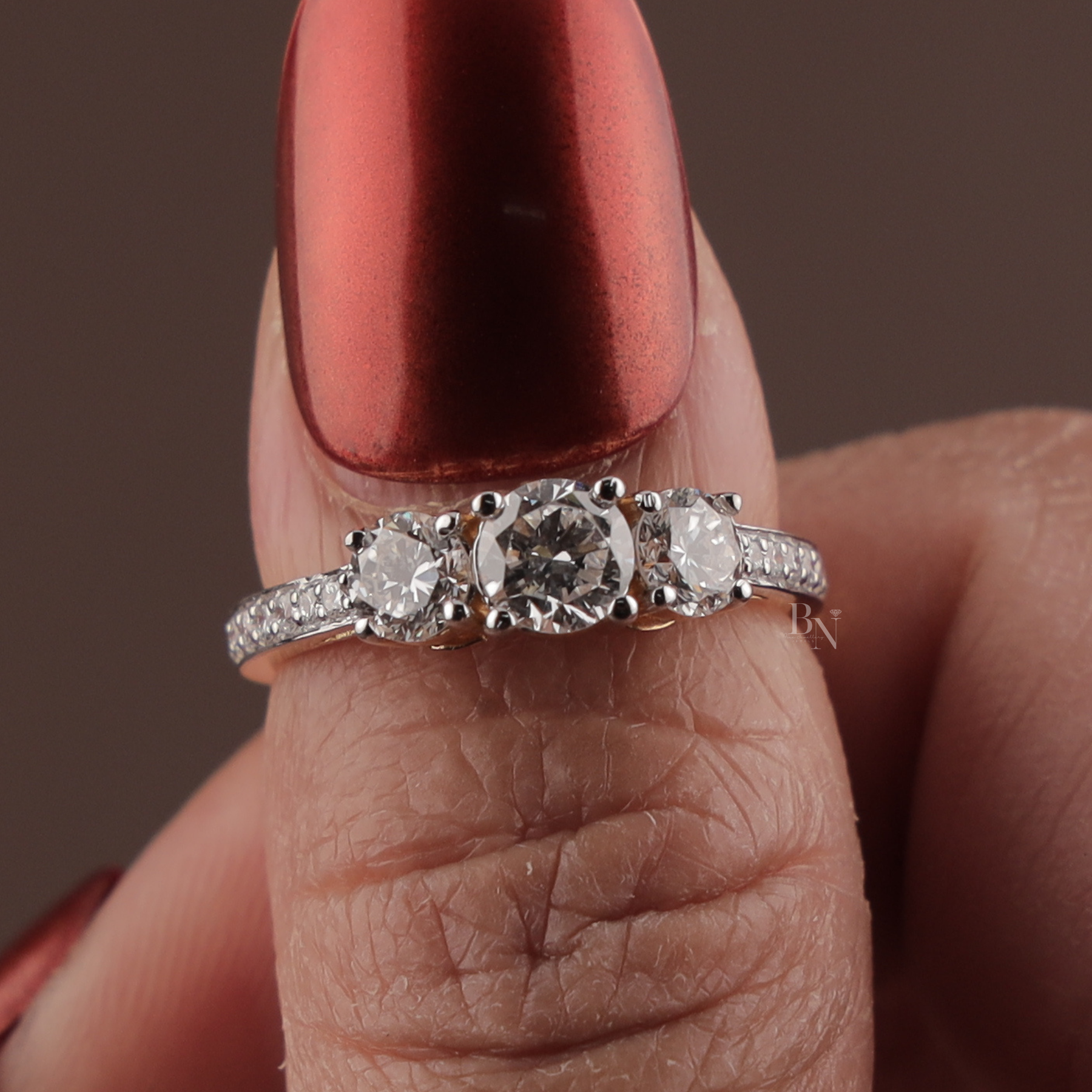 1.25ctw Round Lab Grown Diamond Three Stone Engagement Ring | Pavé Trilogy Band 14K Yellow Gold