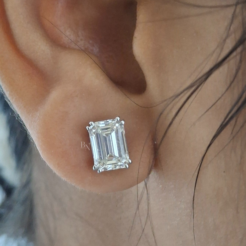 3 carat Emerald Cut Lab Grown Diamond Studs | 2-in-1 Convertible Halo Earrings | 14K White Gold | IGI Certified  | Screw Back Jewelry