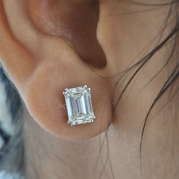 3ct Emerald Cut Lab Grown Diamond Stud Earrings | 2-in-1 Convertible Halo 14K White Gold