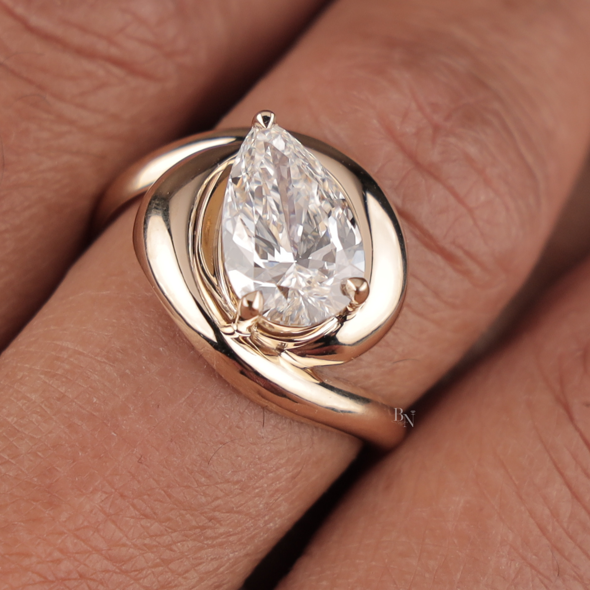 3ct Pear Cut Lab Grown Diamond Engagement Ring | Solid 14k Gold Unique Swirl Bypass Setting | Modern Teardrop Solitaire | Bridal Jewelry