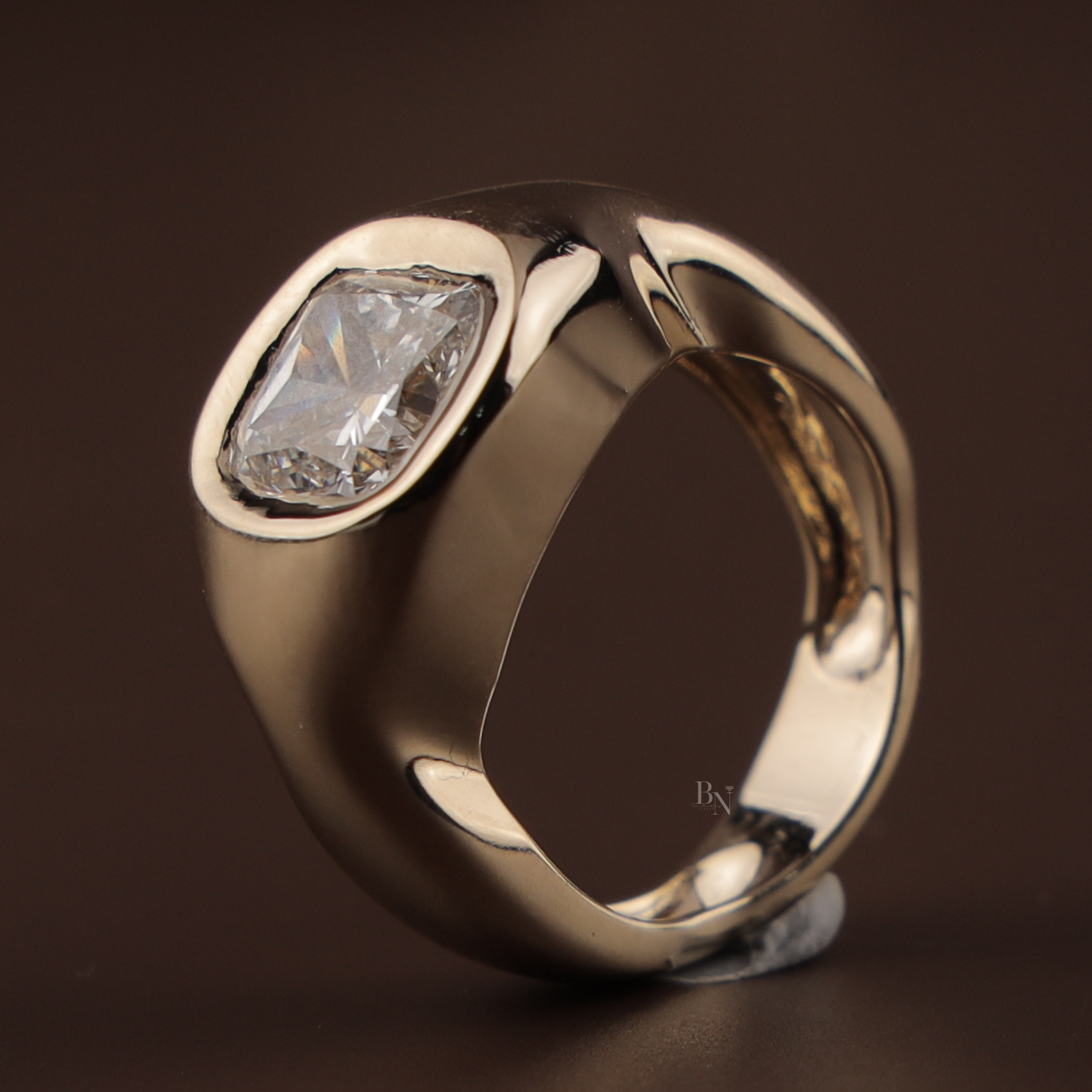3ct Elongated Cushion Lab Grown Diamond Engagement Ring | Sculptural Bezel Organic Wave 14K Yellow Gold