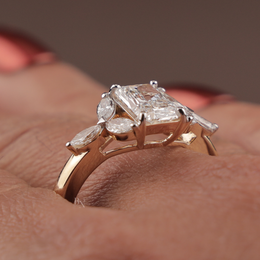 Radiant Cut Lab Grown Diamond Engagement Ring | Leaf Marquise Accents Three Stone 14K Gold