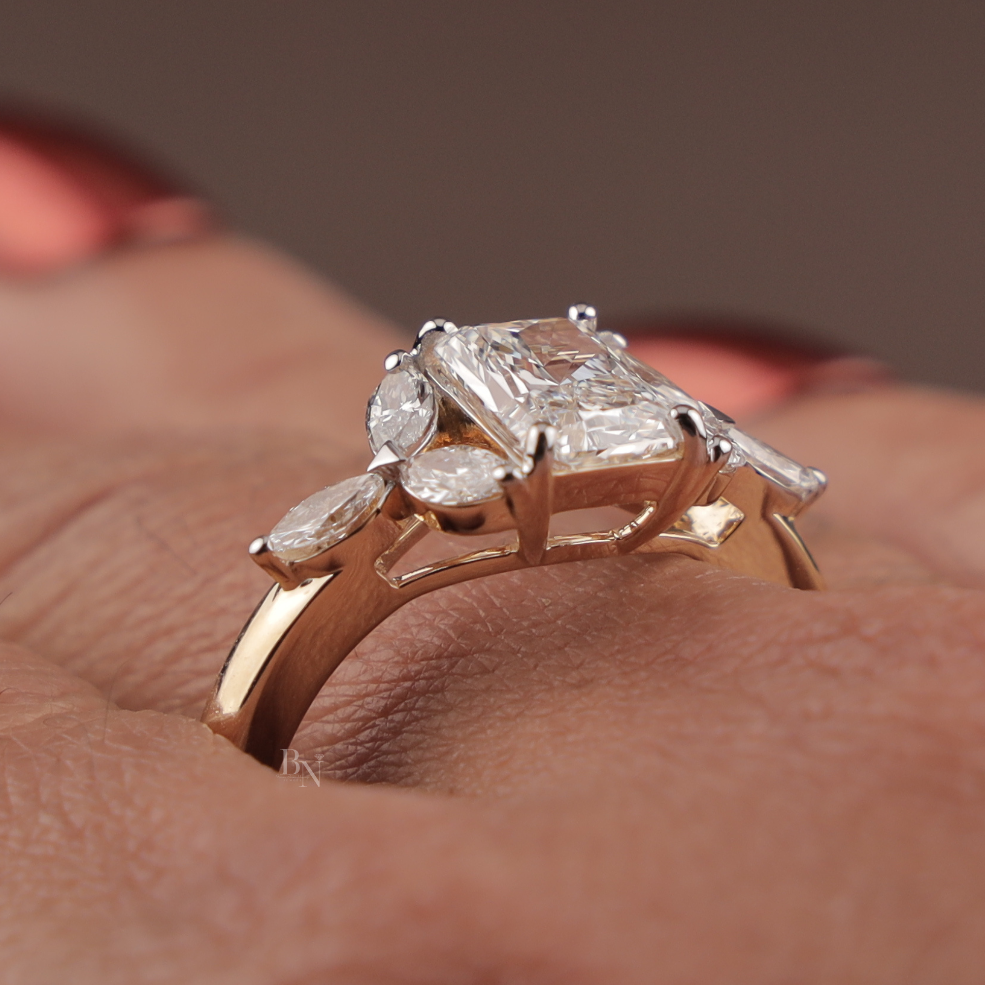 Radiant Cut Engagement Ring | 14k Gold Leaf Marquise Accents Three Stone Proposal Ring
