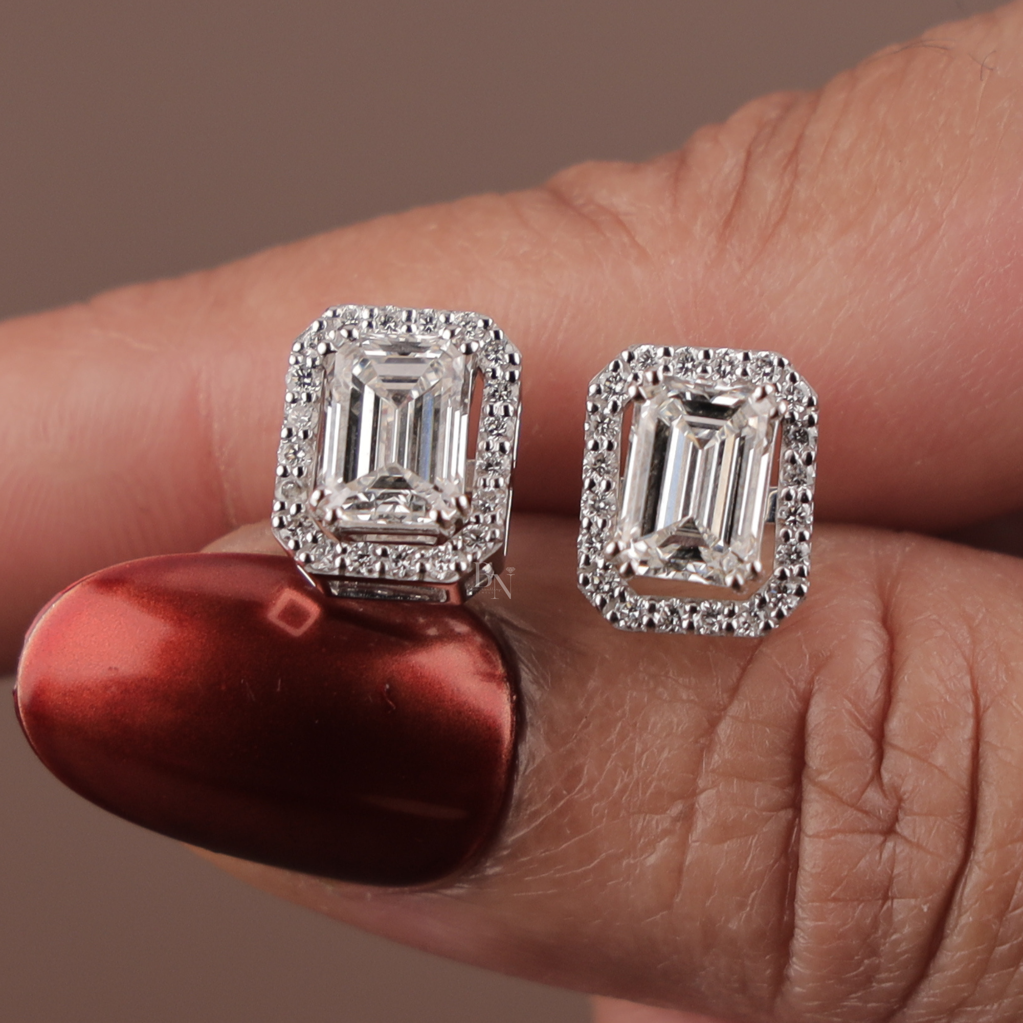 3 carat Emerald Cut Lab Grown Diamond Studs | 2-in-1 Convertible Halo Earrings | 14K White Gold | IGI Certified  | Screw Back Jewelry