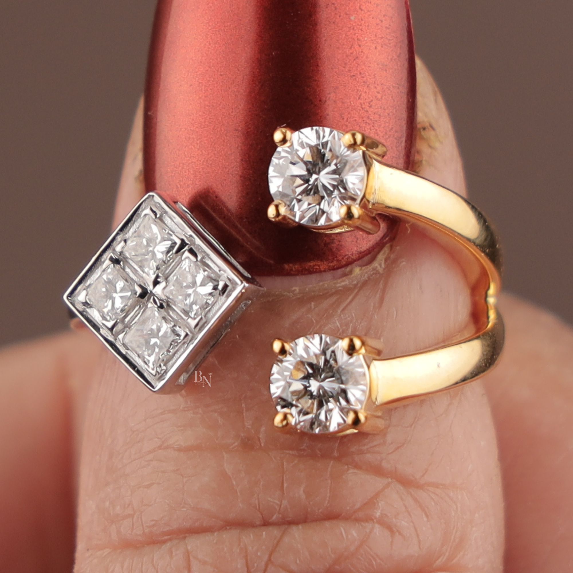 Toi et Moi Lab Grown Diamond Ring | Princess & Round Brilliant Bypass | 14K Two Tone Gold | Unique Bridal Engagement Ring | Type IIa | IGI