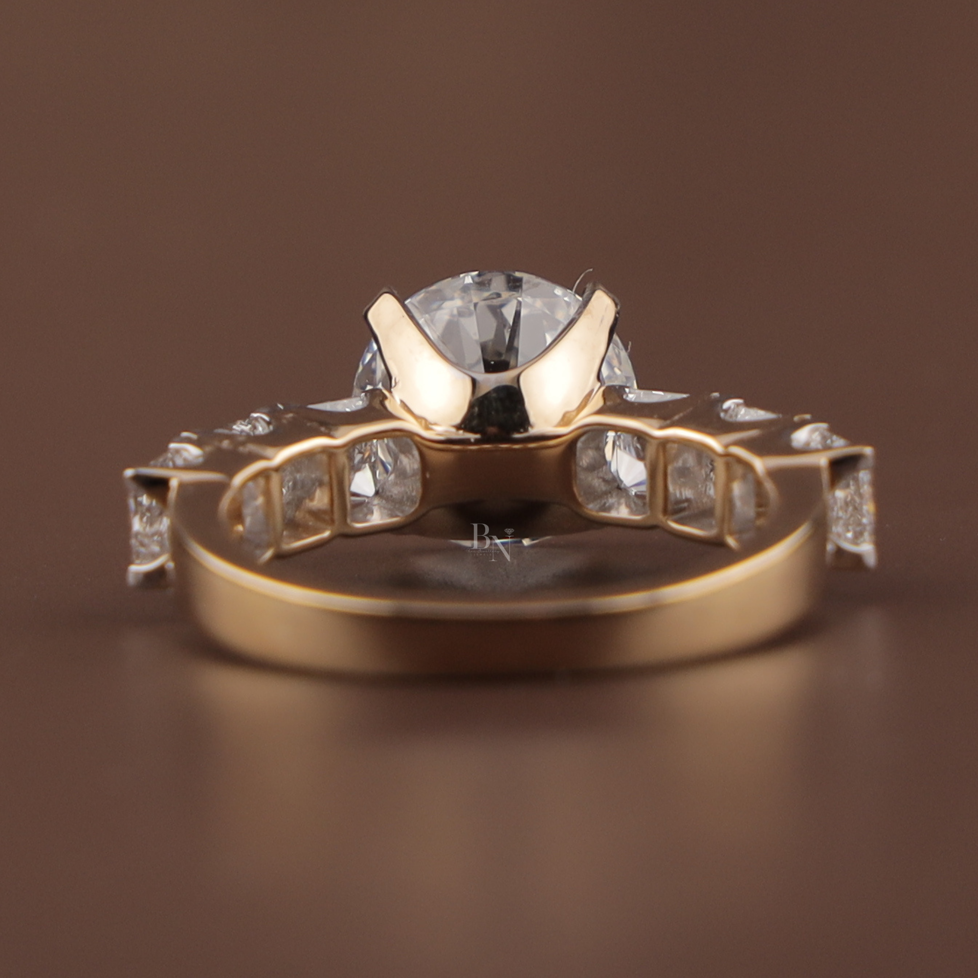 3ct Round Lab Grown Diamond Engagement Ring | NSEW Compass Prong | 14K Gold Princess Cut Accents | IGI Certified Type IIa Bridal Jewelry