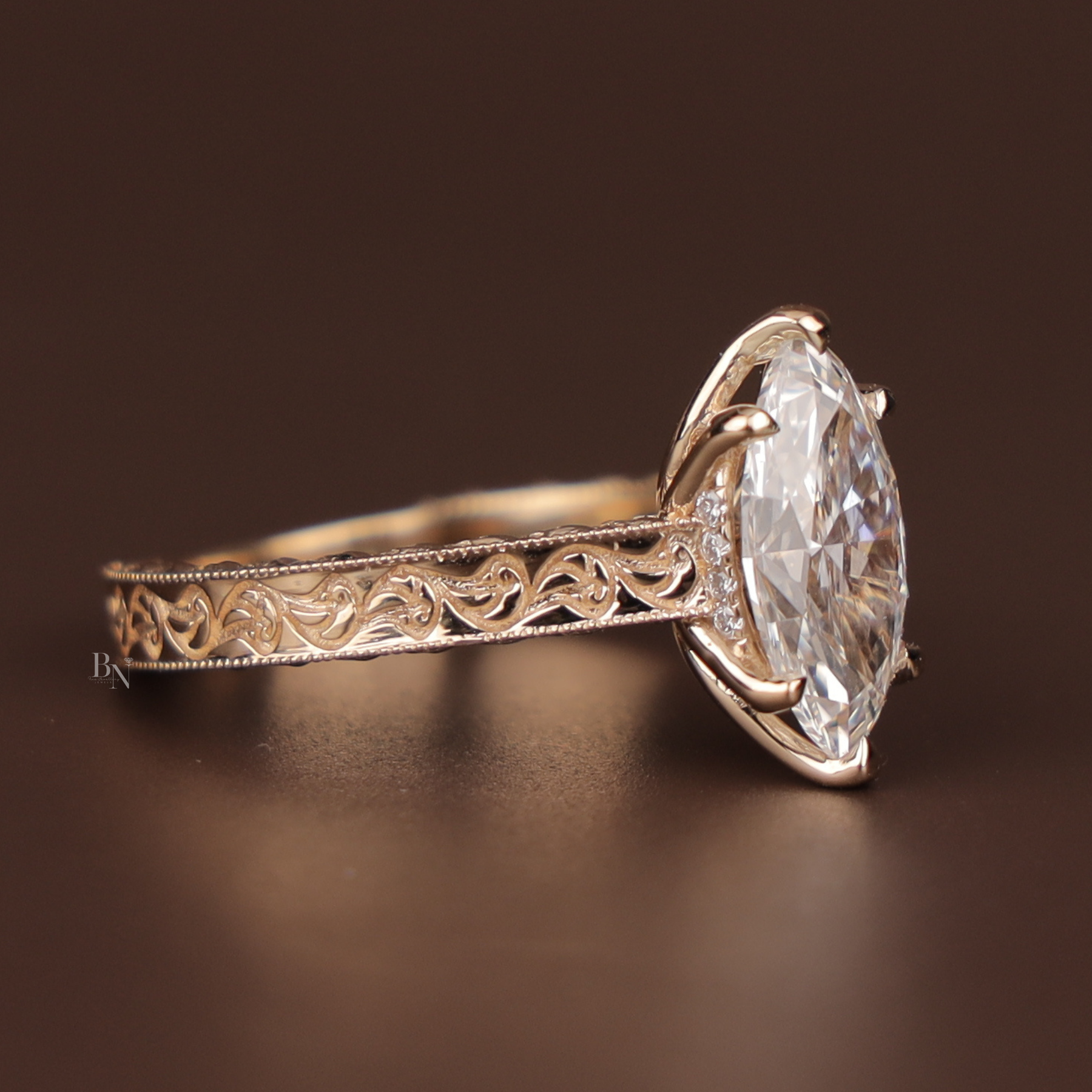 2ct Marquise Lab Grown Diamond Engagement Ring | Vintage Deco Filigree Hidden Halo 14K Rose Gold