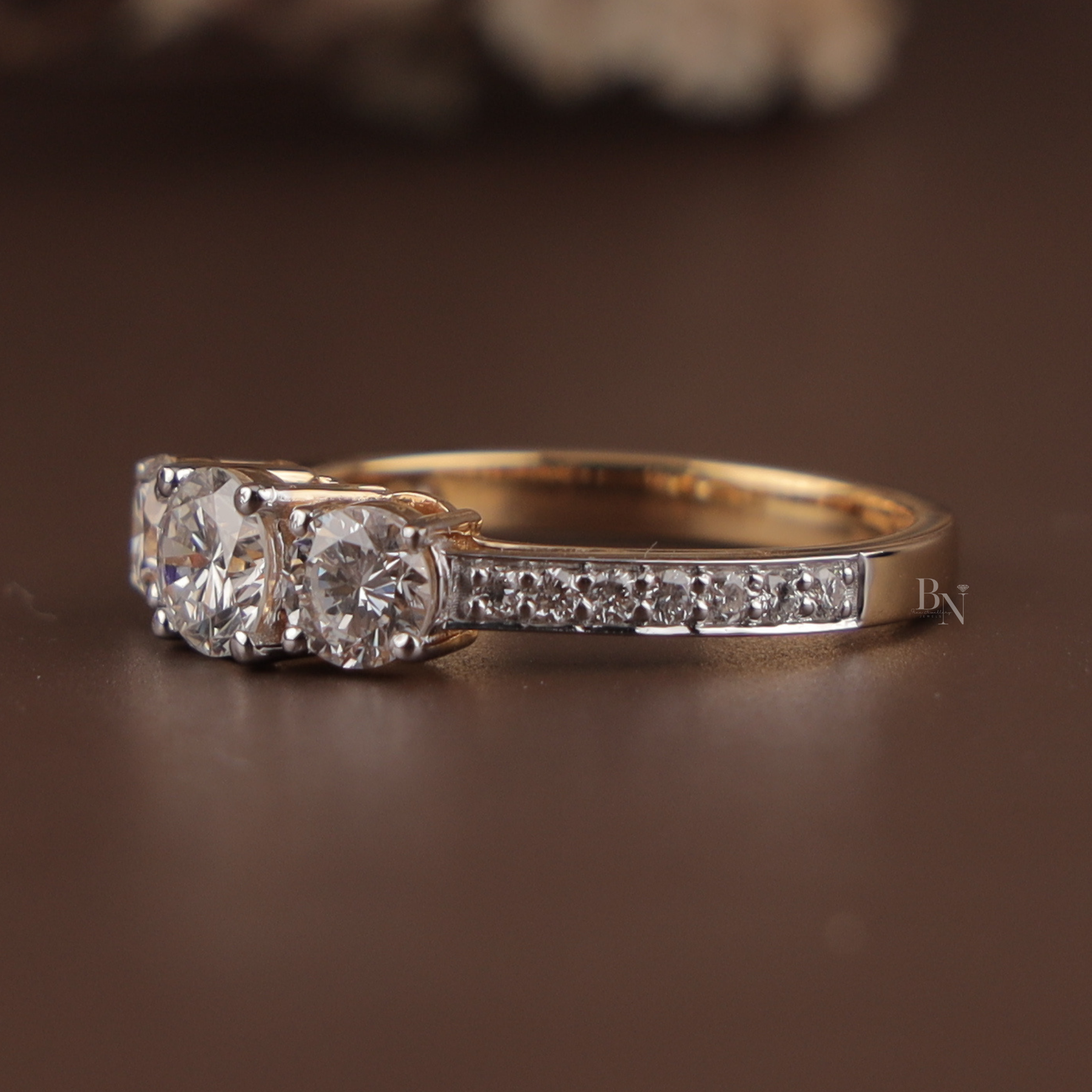 1.25ctw Round Lab Grown Diamond Three Stone Engagement Ring | Pavé Trilogy Band 14K Yellow Gold