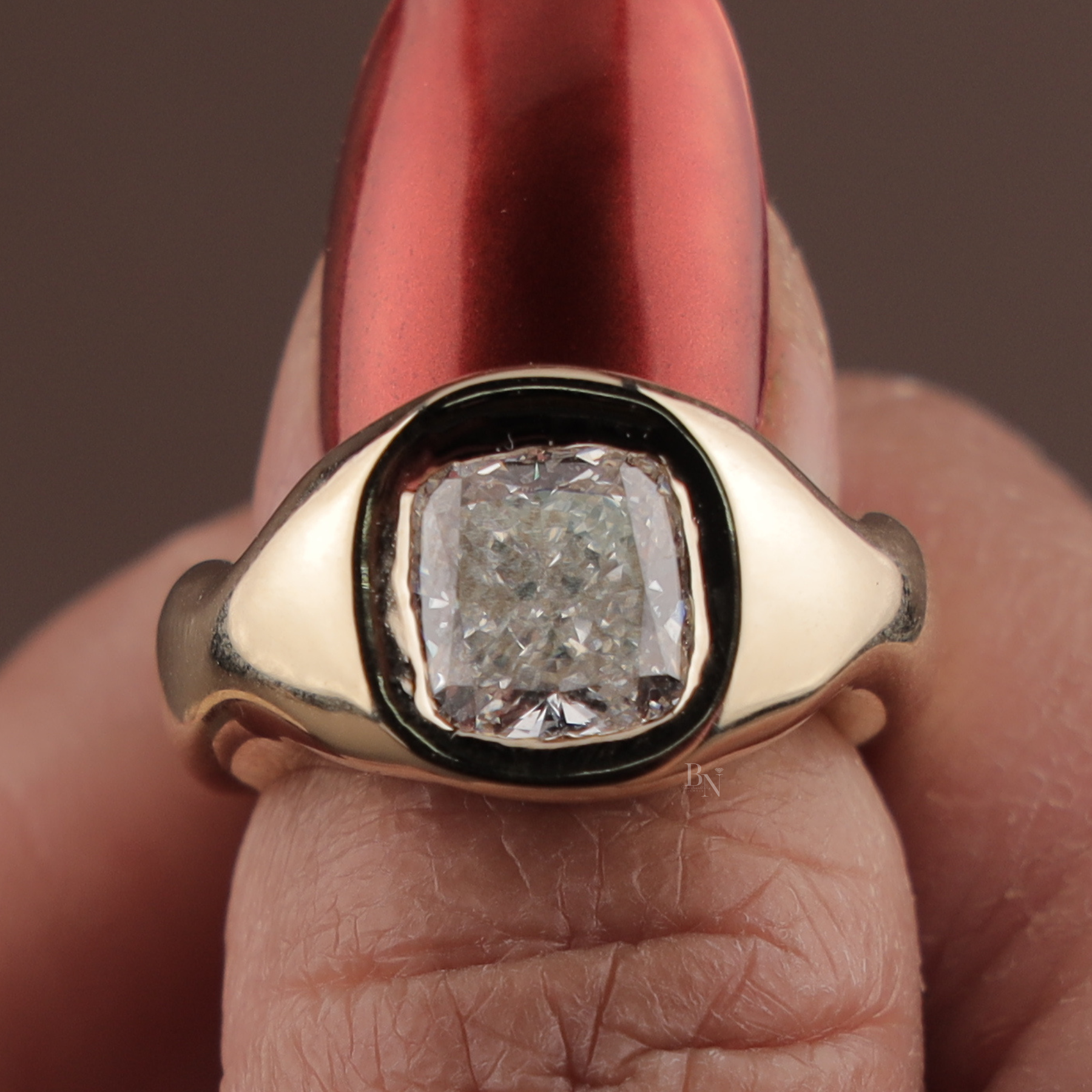 3ct Elongated Cushion Lab Grown Diamond Engagement Ring | Sculptural Bezel Organic Wave 14K Yellow Gold