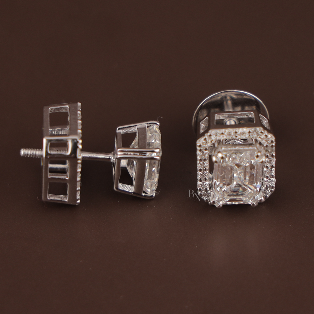 3 carat Emerald Cut Lab Grown Diamond Studs | 2-in-1 Convertible Halo Earrings | 14K White Gold | IGI Certified  | Screw Back Jewelry